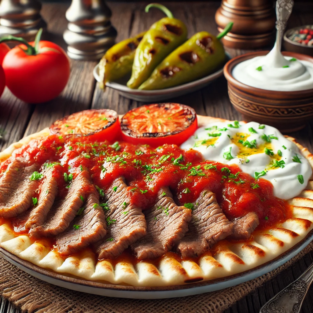 DALL·E 2025 02 07 15.20.37 A traditional Turkish dish served on a wooden table. The dish features a plate of Iskender kebab with slices of doner meat over pita bread topped wit